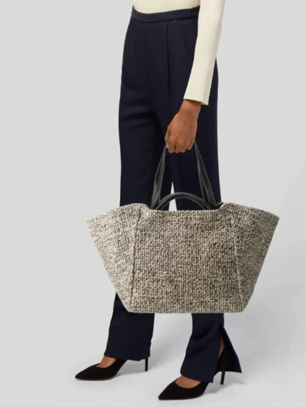 Cuyana Raffia Woven Tote Black White Leather Trim Large Quiet Luxury Beach Bag